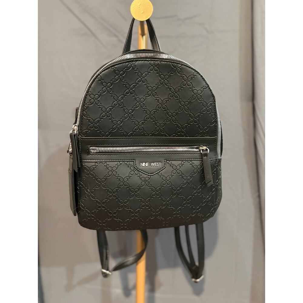 Nine West Mini Backpack Black Embossed Logo Purse With Keychain Wallet